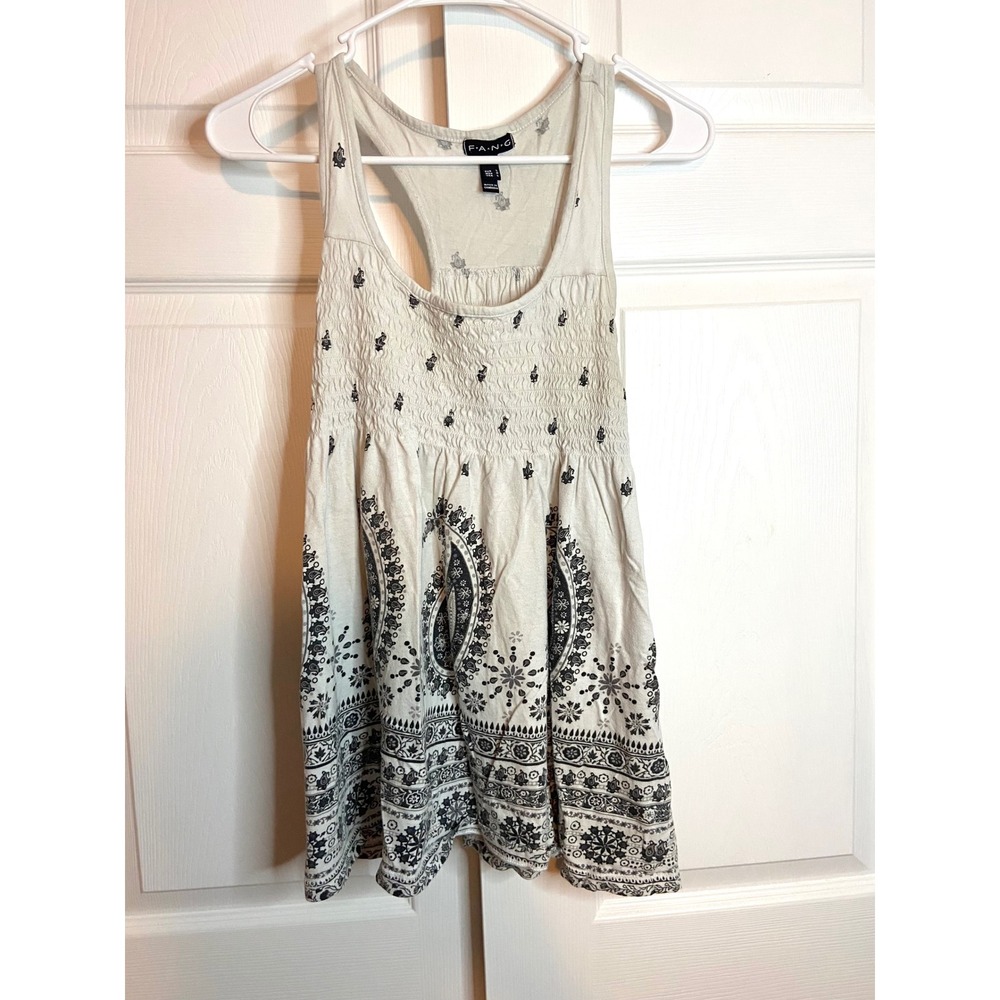 Fang Y2K Paisley Smocked Racerback Tank Top Black White Cotton Size L